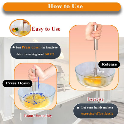 Stainless Steel Semi Automatic Whisk Egg Beater Whizzy Whisk, Hand Push Blender Kitchen Mixer Wisking Tool for Blending Cooking Gadgets(12In)
