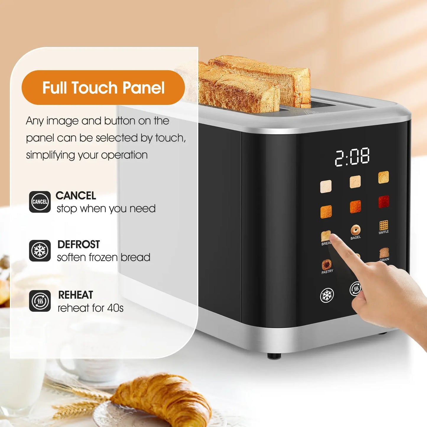 Household Appliances 2-Slice Digital Touchscreen Toaster - Kitchen Appliance with 6 Bread Types, 6 Shade Settings, Extra-Wide Slots, Bagel, Defrost, Reheat & Cancel Functions for Home Use & Gifting