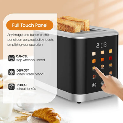 Household Appliances 2-Slice Digital Touchscreen Toaster - Kitchen Appliance with 6 Bread Types, 6 Shade Settings, Extra-Wide Slots, Bagel, Defrost, Reheat & Cancel Functions for Home Use & Gifting