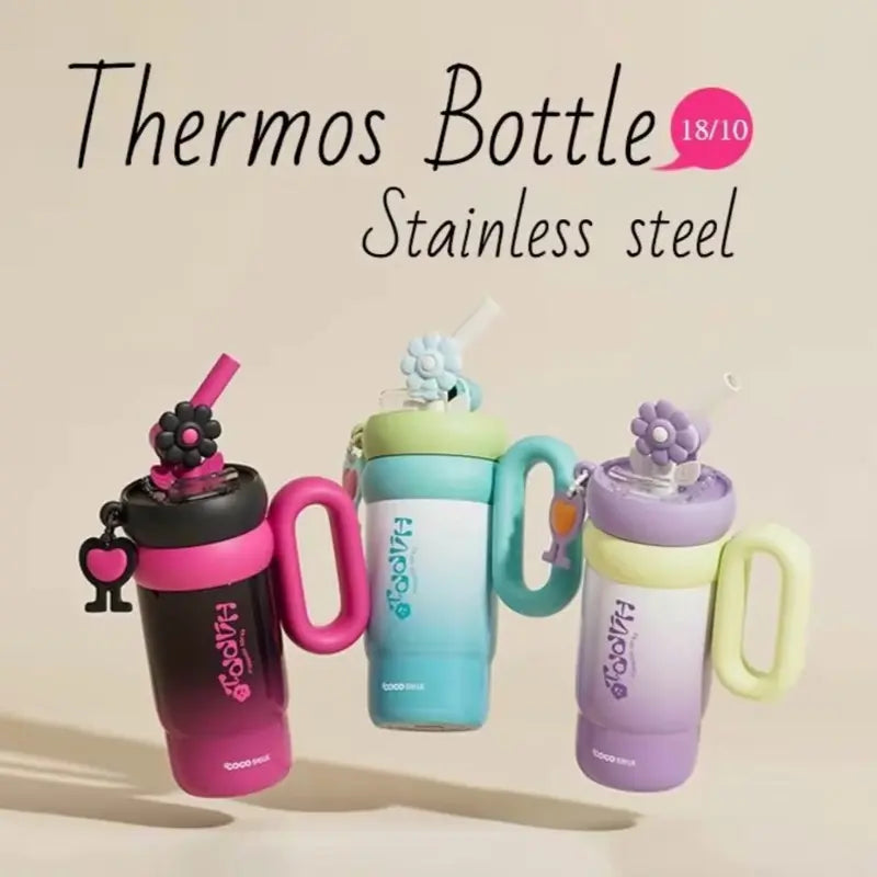 316 Aesthetic Stainless Steel Water Bottle 25.8 Oz Floral Straw Leak-Proof Soft Handle Durable Drinkware Tumbler Cup Portable Handwashing Only, Bottled Silicone Reusable, Bpa-Free, No Microwave