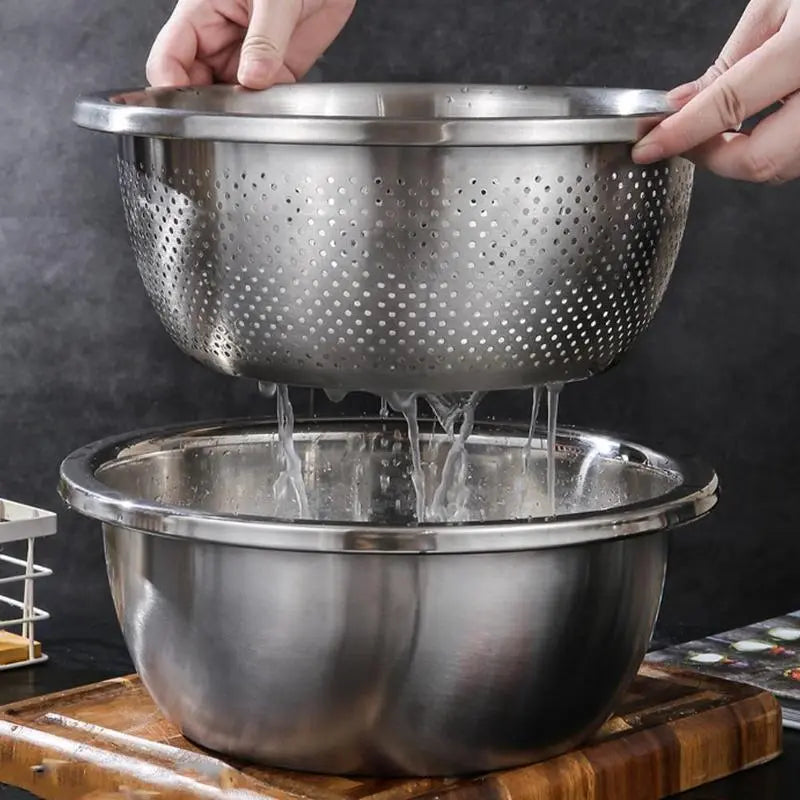 [Dealsforyoudays] Multifunctional Cutting Machine,3-In-1 Stainless Steel Multi-Functional Strainer Set, Includes Basin/Sieve/Cutter, Ideal for Washing Rice Fruits Vegetables Kitchen Essentials