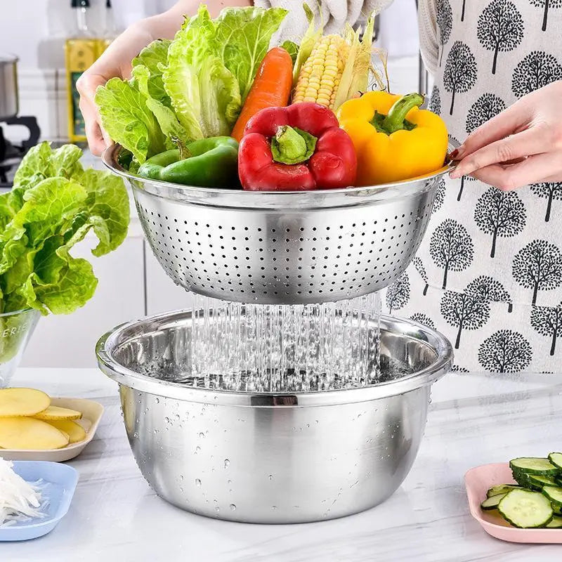 [Dealsforyoudays] Multifunctional Cutting Machine,3-In-1 Stainless Steel Multi-Functional Strainer Set, Includes Basin/Sieve/Cutter, Ideal for Washing Rice Fruits Vegetables Kitchen Essentials