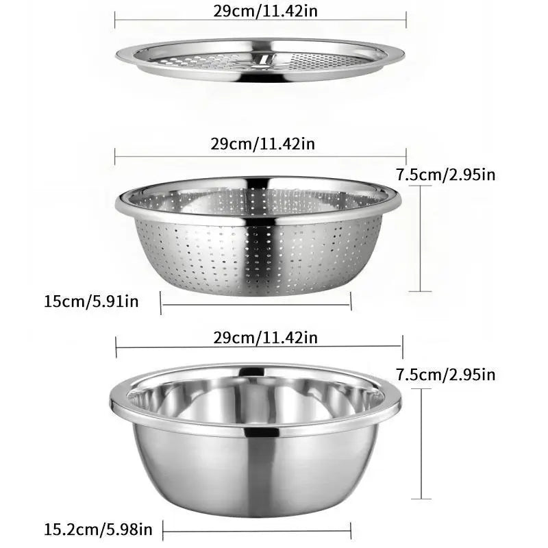 [Dealsforyoudays] Multifunctional Cutting Machine,3-In-1 Stainless Steel Multi-Functional Strainer Set, Includes Basin/Sieve/Cutter, Ideal for Washing Rice Fruits Vegetables Kitchen Essentials
