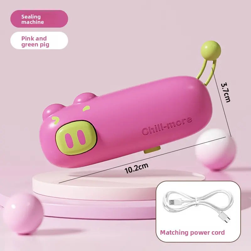 Cartoon Pig Handheld Bag Sealer with Silicone Accents, Rechargeable Mini Sealer, 1-Touch Automatic Airtight Seal for Food, Portable for Camping & Travel