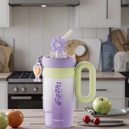 316 Aesthetic Stainless Steel Water Bottle 25.8 Oz Floral Straw Leak-Proof Soft Handle Durable Drinkware Tumbler Cup Portable Handwashing Only, Bottled Silicone Reusable, Bpa-Free, No Microwave