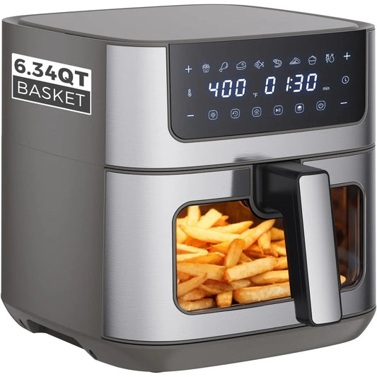 6.34 QT Stainless Steel Air Fryer with Built-In Viewing Window, 8 Cooking Presets, Precise Temperature Control (180-400°F), Nonstick Dishwasher-Safe Basket, Overheat Protection