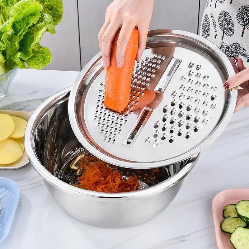 [Dealsforyoudays] Multifunctional Cutting Machine,3-In-1 Stainless Steel Multi-Functional Strainer Set, Includes Basin/Sieve/Cutter, Ideal for Washing Rice Fruits Vegetables Kitchen Essentials