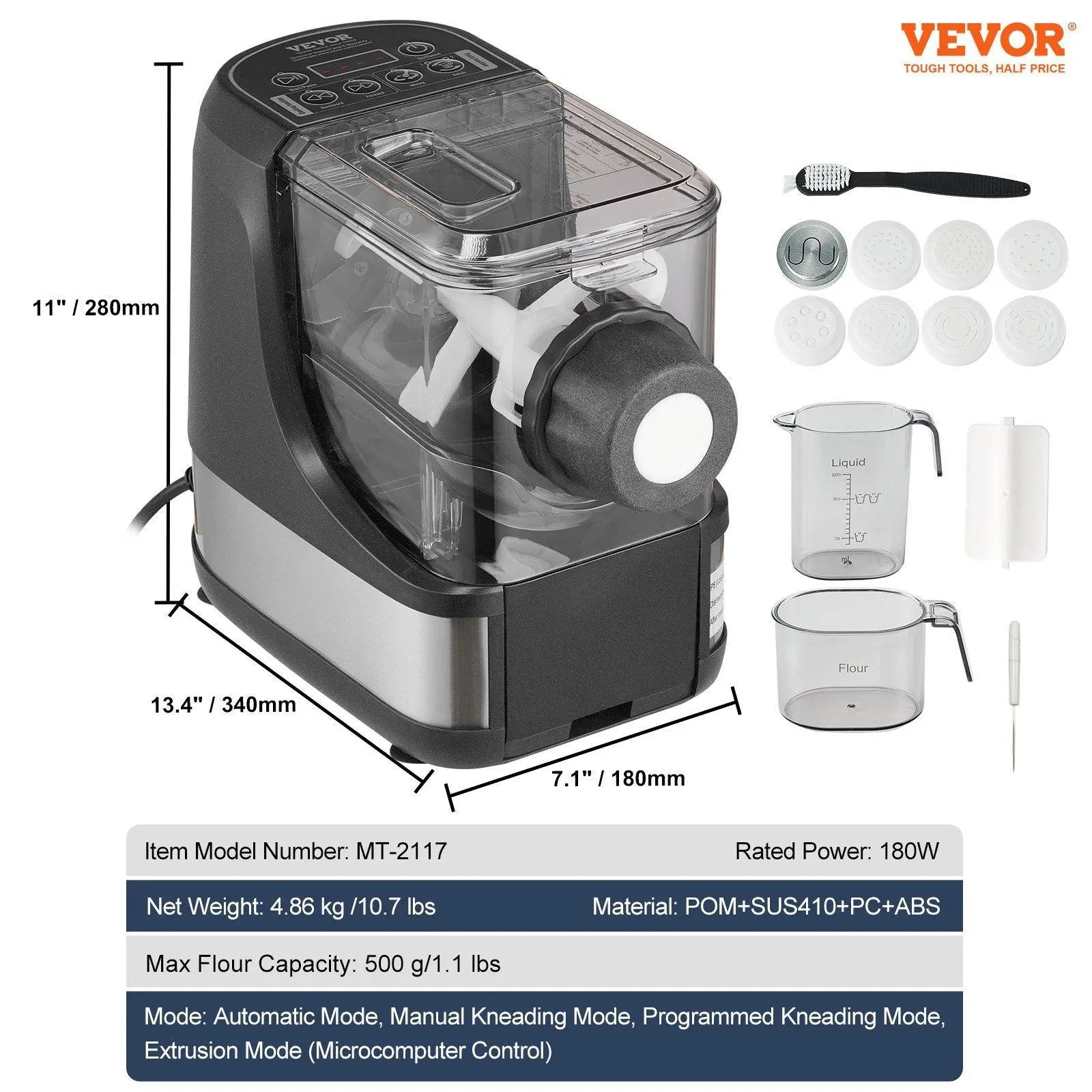 【Summerfinds】Vevor Electric Pasta Maker, 150W Automatic Noodle Maker Machine with 8 Pasta Shapes, 4 Intelligent Modes, 500G Flour Capacity Pasta Maker Machine with Measuring Cups, Cleaning Brush for Home Kitchen