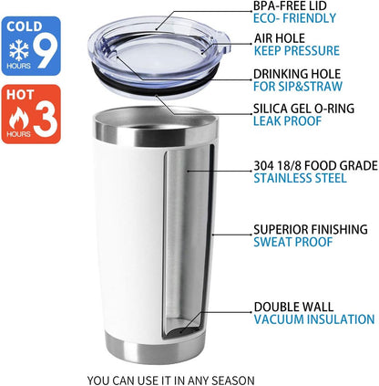 20Oz Stainless Steel Tumblers Bulk, Insulated Travel Cup with Lid, Double Wall Vacuum Coffee Mug for Cold & Hot Drinks 4 Pack, White