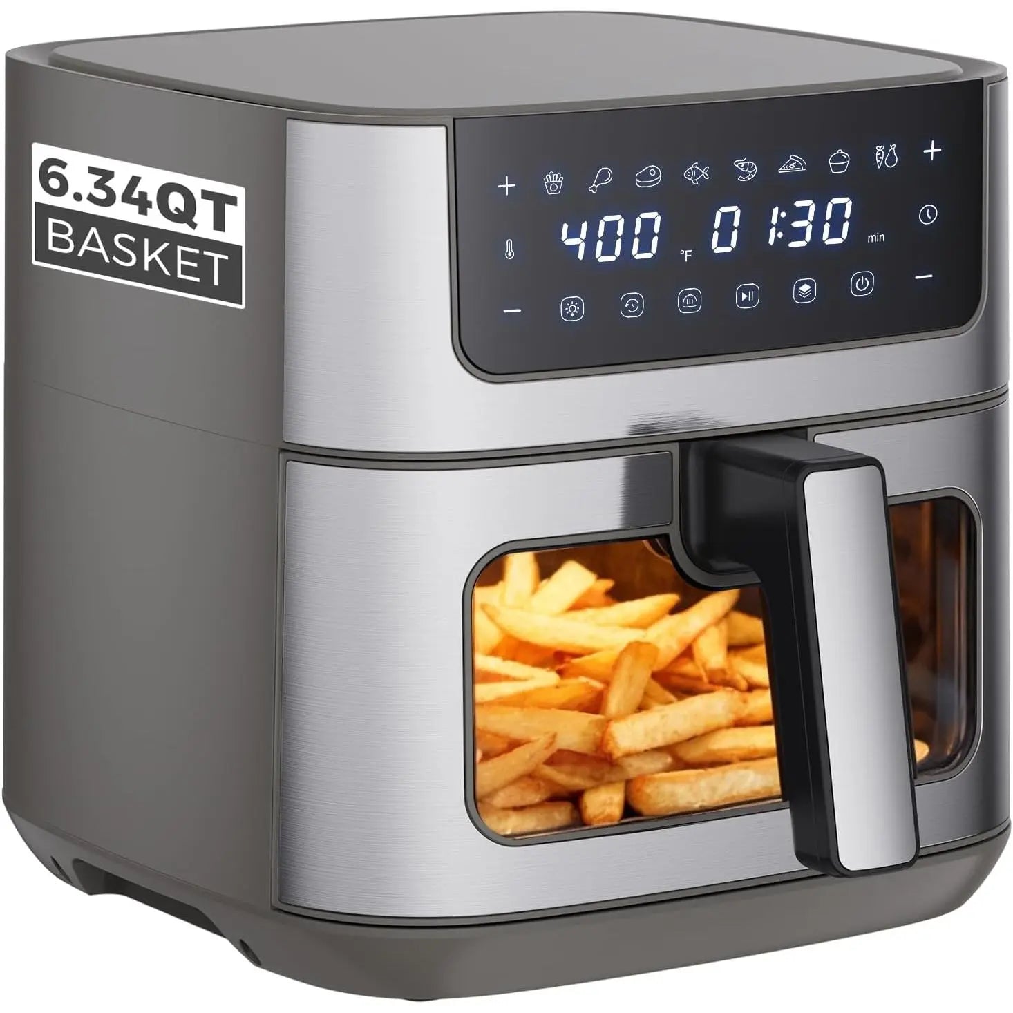 6.34 QT Stainless Steel Air Fryer with Built-In Viewing Window, 8 Cooking Presets, Precise Temperature Control (180-400°F), Nonstick Dishwasher-Safe Basket, Overheat Protection