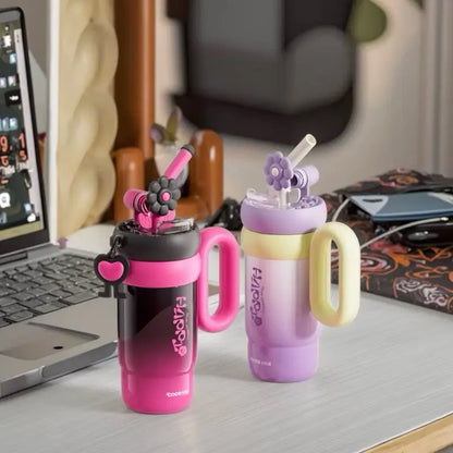 316 Aesthetic Stainless Steel Water Bottle 25.8 Oz Floral Straw Leak-Proof Soft Handle Durable Drinkware Tumbler Cup Portable Handwashing Only, Bottled Silicone Reusable, Bpa-Free, No Microwave