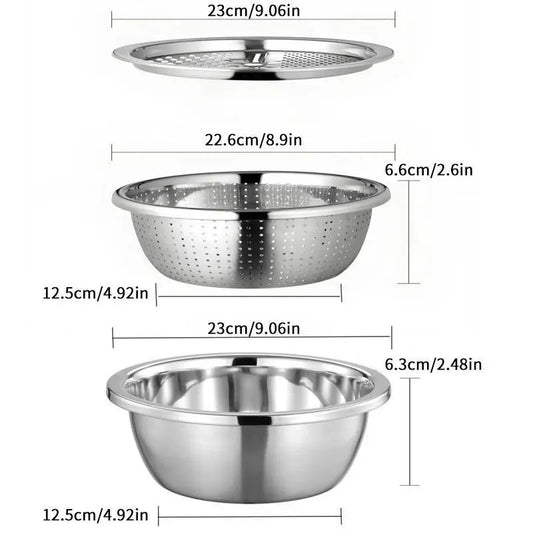 [Dealsforyoudays] Multifunctional Cutting Machine,3-In-1 Stainless Steel Multi-Functional Strainer Set, Includes Basin/Sieve/Cutter, Ideal for Washing Rice Fruits Vegetables Kitchen Essentials