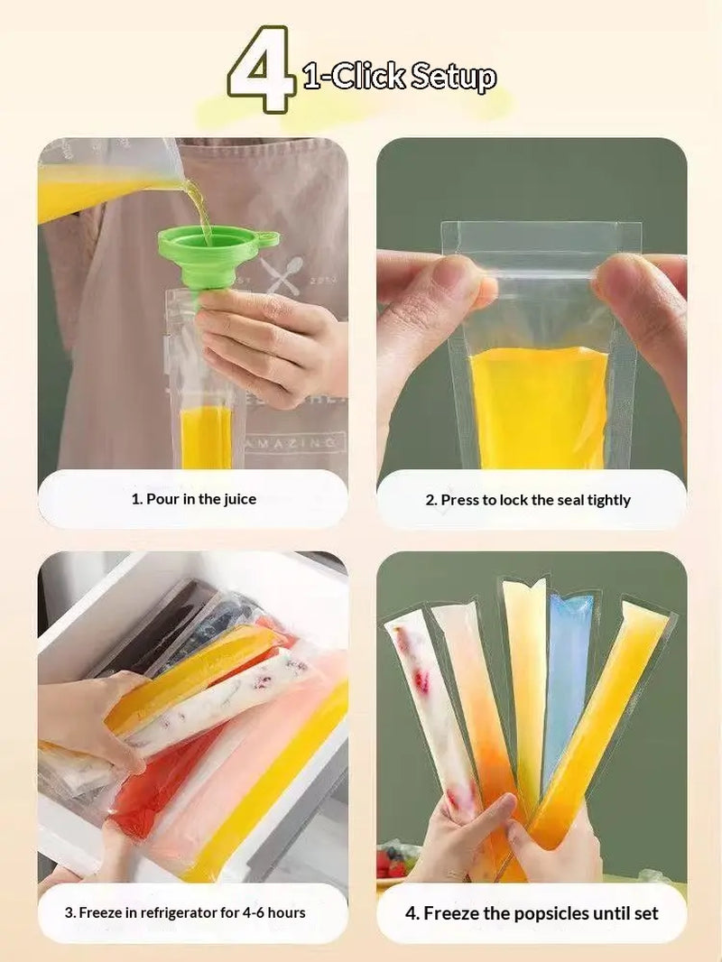 100PCS Transparent Popsicle Mold Bags - Leakproof Zip-Seal Disposable Freezer Tubes with Silicone Funnel, Kitchen Utensil for Freezing Juice, Frozen Fruit Pops Lolly & Ice Cream Moulds