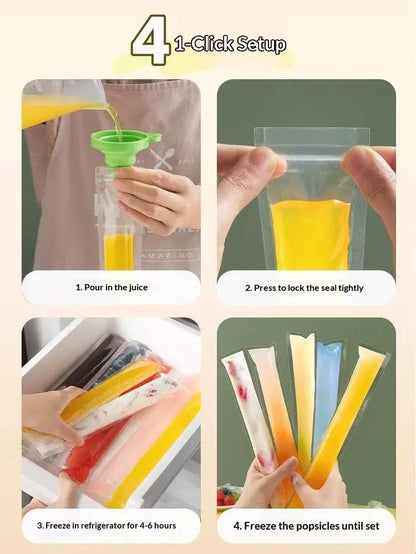 100PCS Transparent Popsicle Mold Bags - Leakproof Zip-Seal Disposable Freezer Tubes with Silicone Funnel, Kitchen Utensil for Freezing Juice, Frozen Fruit Pops Lolly & Ice Cream Moulds