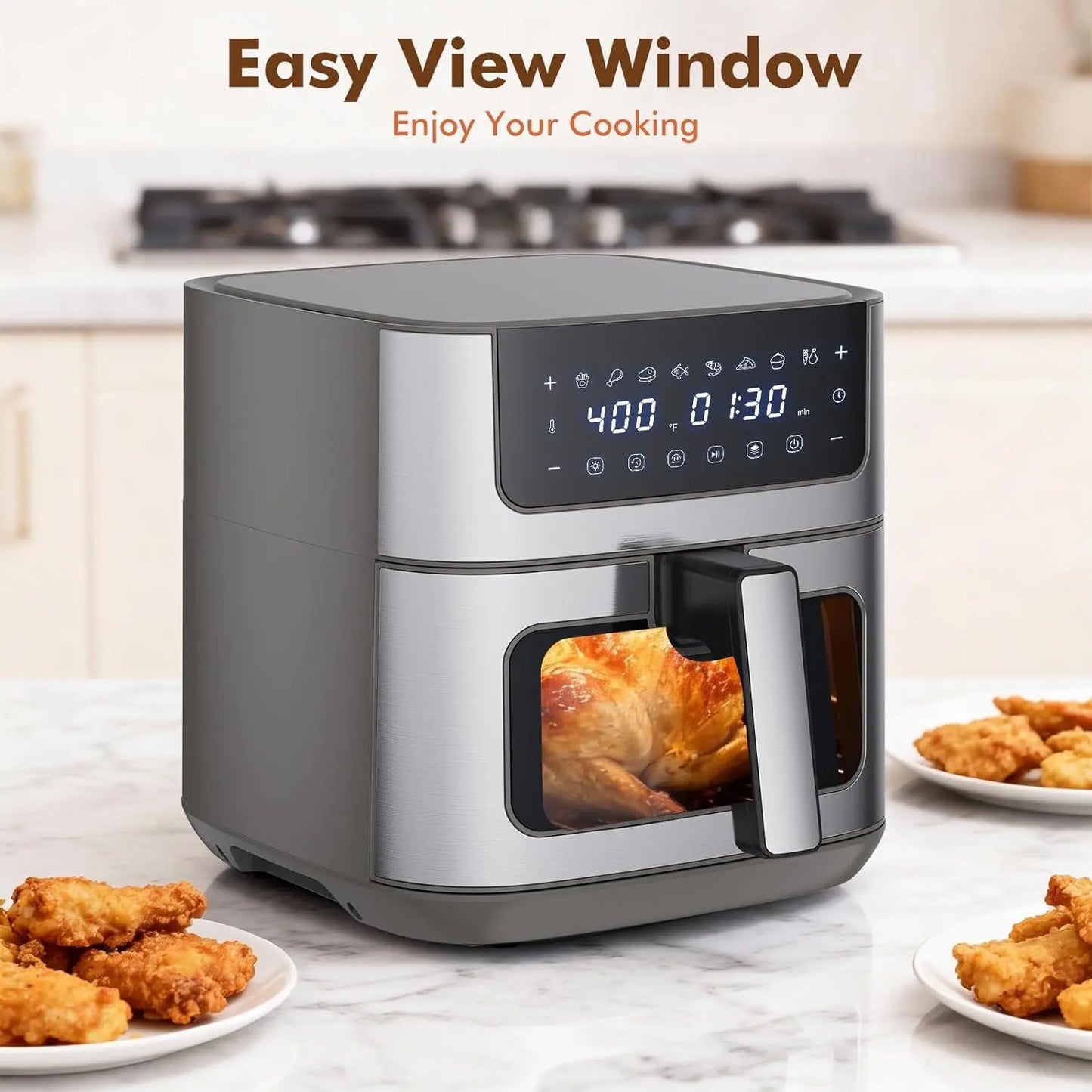 6.34 QT Stainless Steel Air Fryer with Built-In Viewing Window, 8 Cooking Presets, Precise Temperature Control (180-400°F), Nonstick Dishwasher-Safe Basket, Overheat Protection