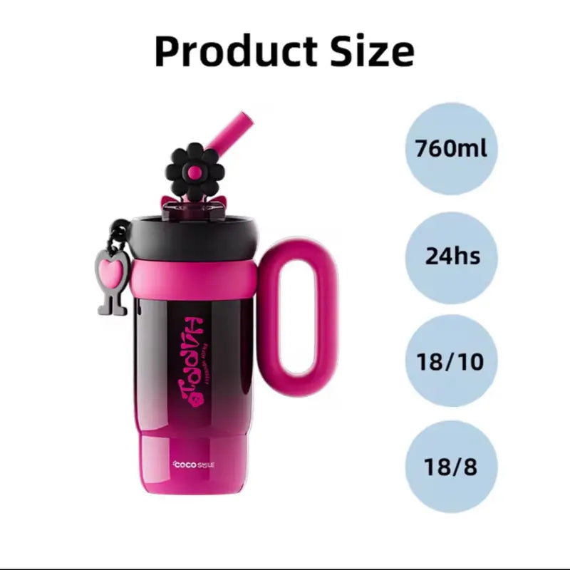 316 Aesthetic Stainless Steel Water Bottle 25.8 Oz Floral Straw Leak-Proof Soft Handle Durable Drinkware Tumbler Cup Portable Handwashing Only, Bottled Silicone Reusable, Bpa-Free, No Microwave