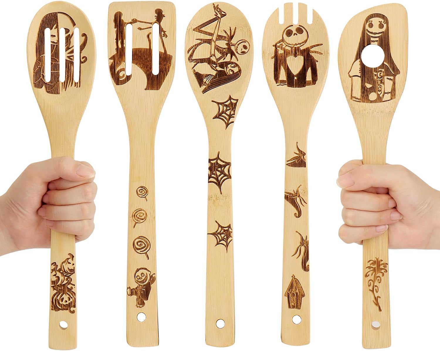 Nightmare before Christmas Gifts - 5 Pcs Wooden Spoons for Cooking,Halloween Kitchen Utensils Set,Cooking Utensils Set for Halloween Decor