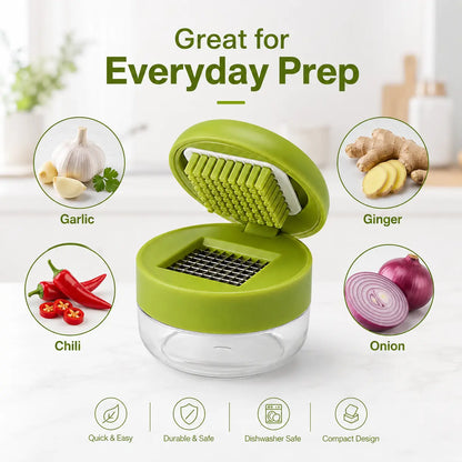 Manual Garlic Chopper, Mini Garlic Press Cutter with Stainless Steel Blades & Clear Collection Cup, Compact Kitchen Garlic Mincer for Garlic, Ginger, Onion & Chili, Easy-Press Food Prep Tool, Green