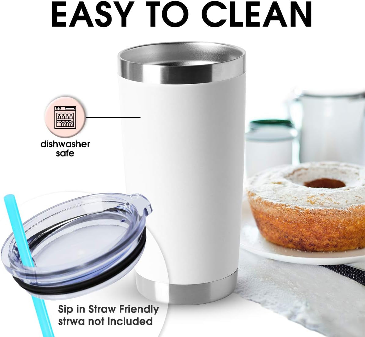 20Oz Stainless Steel Tumblers Bulk, Insulated Travel Cup with Lid, Double Wall Vacuum Coffee Mug for Cold & Hot Drinks 4 Pack, White