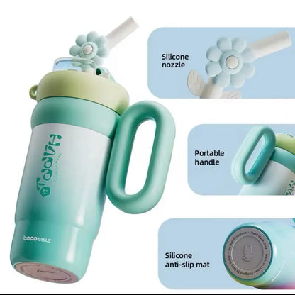 316 Aesthetic Stainless Steel Water Bottle 25.8 Oz Floral Straw Leak-Proof Soft Handle Durable Drinkware Tumbler Cup Portable Handwashing Only, Bottled Silicone Reusable, Bpa-Free, No Microwave