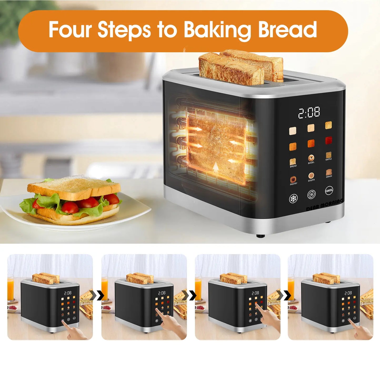 Household Appliances 2-Slice Digital Touchscreen Toaster - Kitchen Appliance with 6 Bread Types, 6 Shade Settings, Extra-Wide Slots, Bagel, Defrost, Reheat & Cancel Functions for Home Use & Gifting
