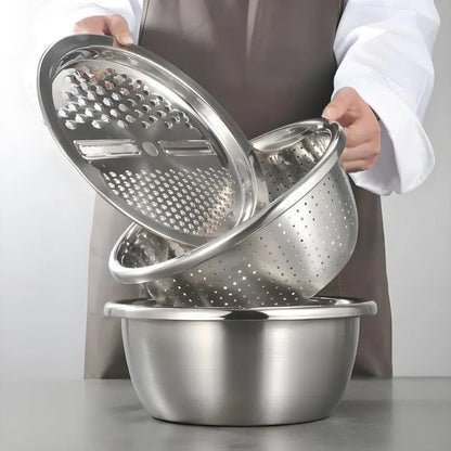 [Dealsforyoudays] Multifunctional Cutting Machine,3-In-1 Stainless Steel Multi-Functional Strainer Set, Includes Basin/Sieve/Cutter, Ideal for Washing Rice Fruits Vegetables Kitchen Essentials