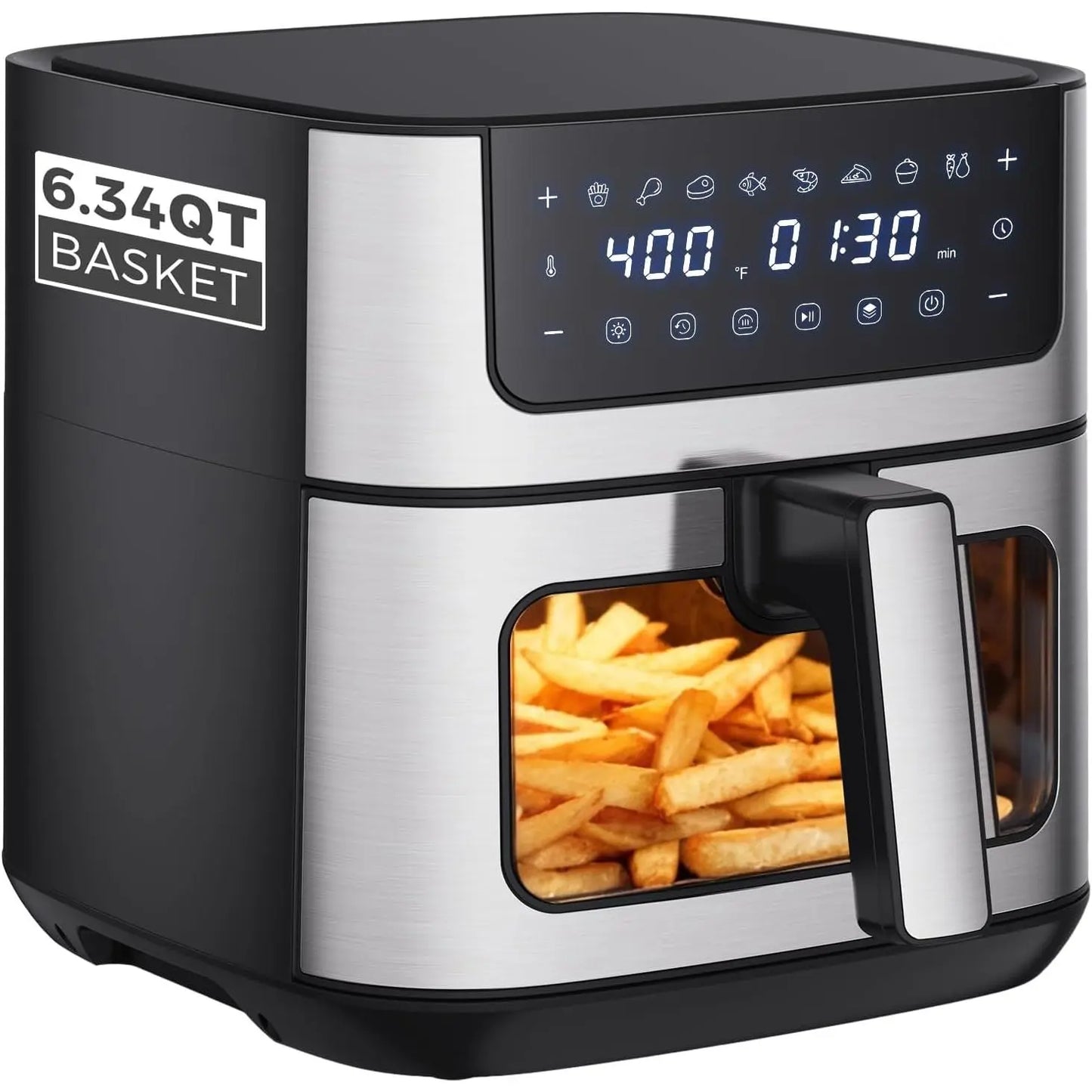 6.34 QT Stainless Steel Air Fryer with Built-In Viewing Window, 8 Cooking Presets, Precise Temperature Control (180-400°F), Nonstick Dishwasher-Safe Basket, Overheat Protection