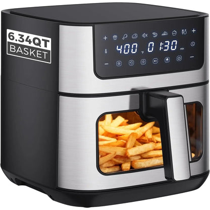 6.34 QT Stainless Steel Air Fryer with Built-In Viewing Window, 8 Cooking Presets, Precise Temperature Control (180-400°F), Nonstick Dishwasher-Safe Basket, Overheat Protection