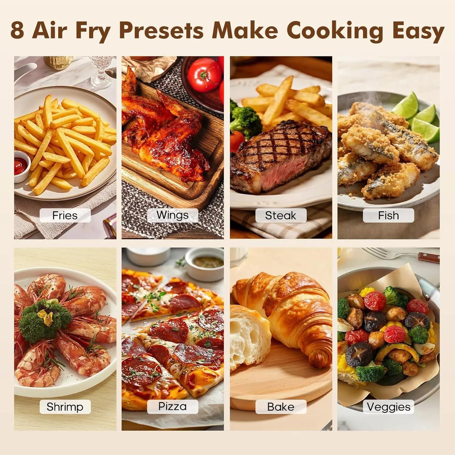 6.34 QT Stainless Steel Air Fryer with Built-In Viewing Window, 8 Cooking Presets, Precise Temperature Control (180-400°F), Nonstick Dishwasher-Safe Basket, Overheat Protection