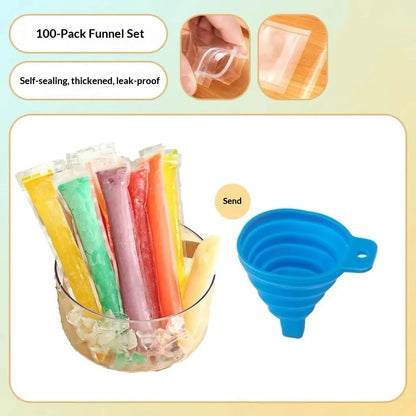 100PCS Transparent Popsicle Mold Bags - Leakproof Zip-Seal Disposable Freezer Tubes with Silicone Funnel, Kitchen Utensil for Freezing Juice, Frozen Fruit Pops Lolly & Ice Cream Moulds