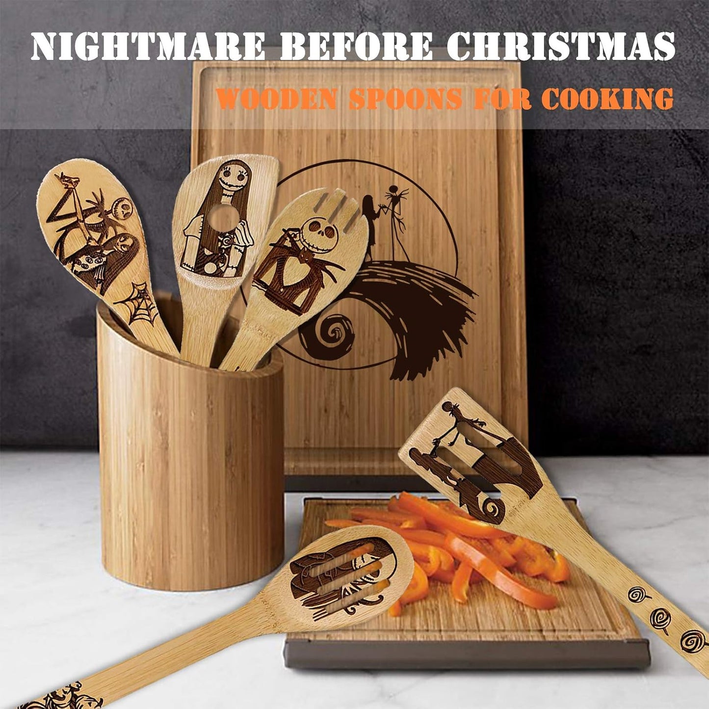 Nightmare before Christmas Gifts - 5 Pcs Wooden Spoons for Cooking,Halloween Kitchen Utensils Set,Cooking Utensils Set for Halloween Decor