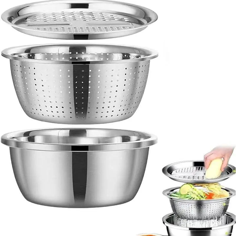 [Dealsforyoudays] Multifunctional Cutting Machine,3-In-1 Stainless Steel Multi-Functional Strainer Set, Includes Basin/Sieve/Cutter, Ideal for Washing Rice Fruits Vegetables Kitchen Essentials