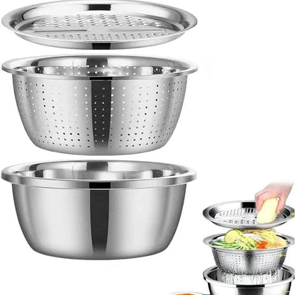 [Dealsforyoudays] Multifunctional Cutting Machine,3-In-1 Stainless Steel Multi-Functional Strainer Set, Includes Basin/Sieve/Cutter, Ideal for Washing Rice Fruits Vegetables Kitchen Essentials