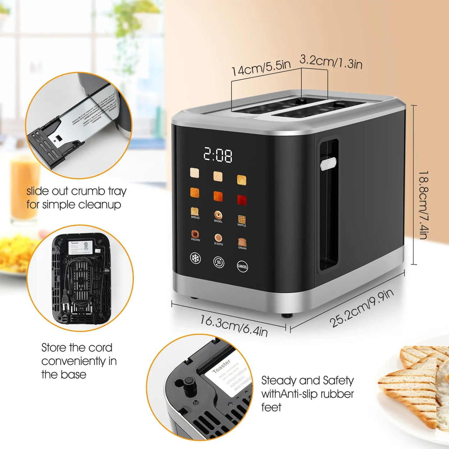 Household Appliances 2-Slice Digital Touchscreen Toaster - Kitchen Appliance with 6 Bread Types, 6 Shade Settings, Extra-Wide Slots, Bagel, Defrost, Reheat & Cancel Functions for Home Use & Gifting