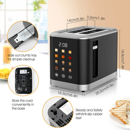 Household Appliances 2-Slice Digital Touchscreen Toaster - Kitchen Appliance with 6 Bread Types, 6 Shade Settings, Extra-Wide Slots, Bagel, Defrost, Reheat & Cancel Functions for Home Use & Gifting
