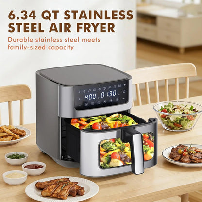 6.34 QT Stainless Steel Air Fryer with Built-In Viewing Window, 8 Cooking Presets, Precise Temperature Control (180-400°F), Nonstick Dishwasher-Safe Basket, Overheat Protection