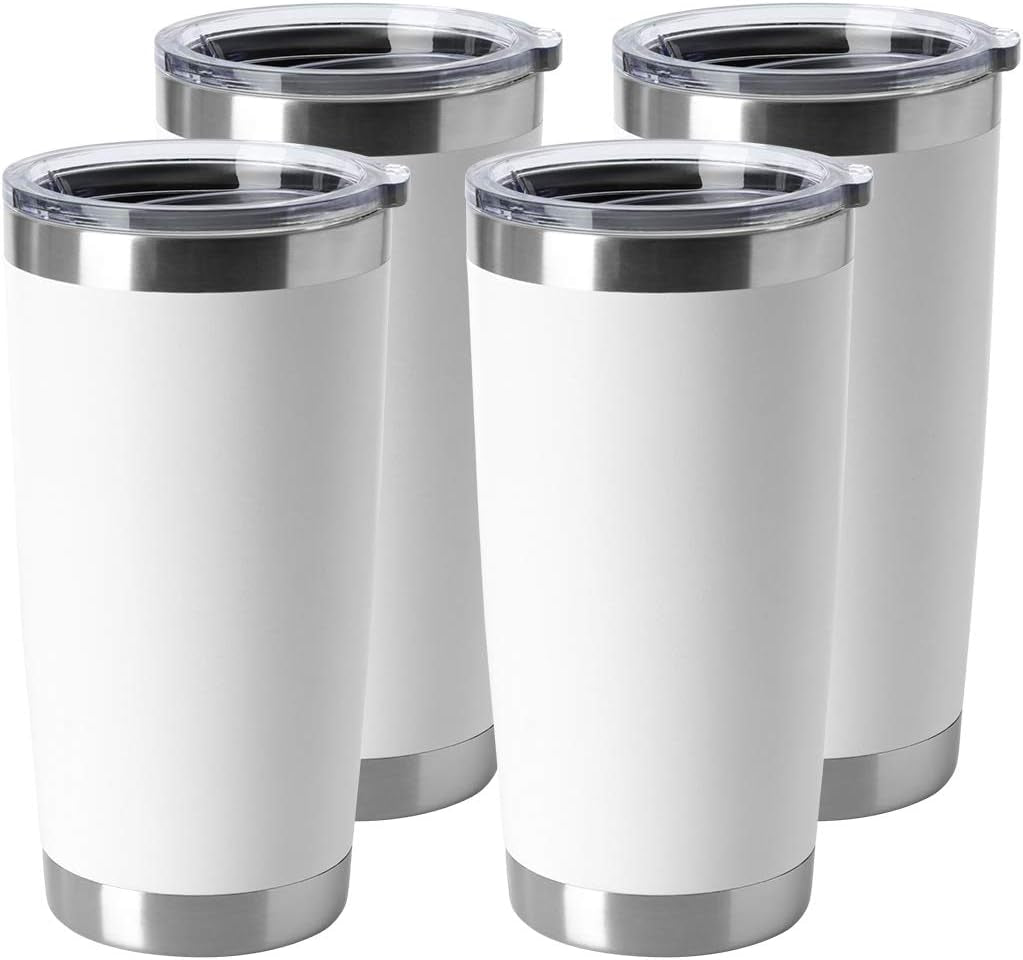 20Oz Stainless Steel Tumblers Bulk, Insulated Travel Cup with Lid, Double Wall Vacuum Coffee Mug for Cold & Hot Drinks 4 Pack, White