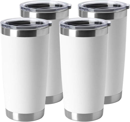 20Oz Stainless Steel Tumblers Bulk, Insulated Travel Cup with Lid, Double Wall Vacuum Coffee Mug for Cold & Hot Drinks 4 Pack, White