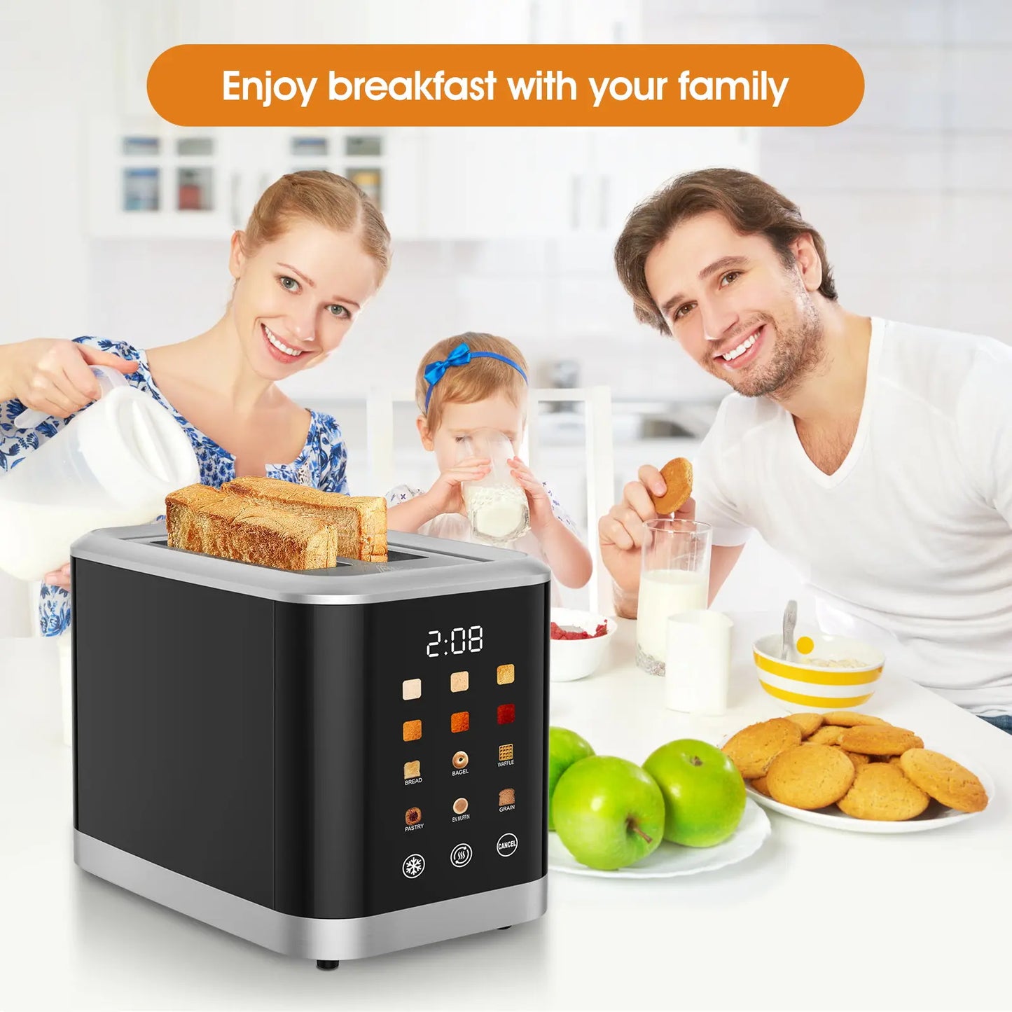 Household Appliances 2-Slice Digital Touchscreen Toaster - Kitchen Appliance with 6 Bread Types, 6 Shade Settings, Extra-Wide Slots, Bagel, Defrost, Reheat & Cancel Functions for Home Use & Gifting
