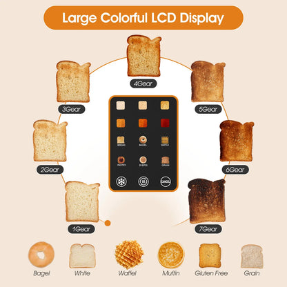 Household Appliances 2-Slice Digital Touchscreen Toaster - Kitchen Appliance with 6 Bread Types, 6 Shade Settings, Extra-Wide Slots, Bagel, Defrost, Reheat & Cancel Functions for Home Use & Gifting