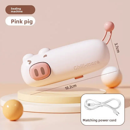Cartoon Pig Handheld Bag Sealer with Silicone Accents, Rechargeable Mini Sealer, 1-Touch Automatic Airtight Seal for Food, Portable for Camping & Travel